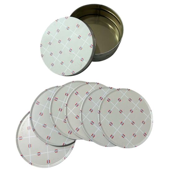 Vintage coaster tin set of 6 coasters- gray red blue- pattern- drink coaster - Picture 1 of 9